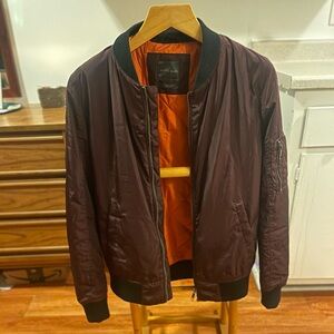 Zara Man Burgundy Bomber Jacket with Orange Lining – Size M